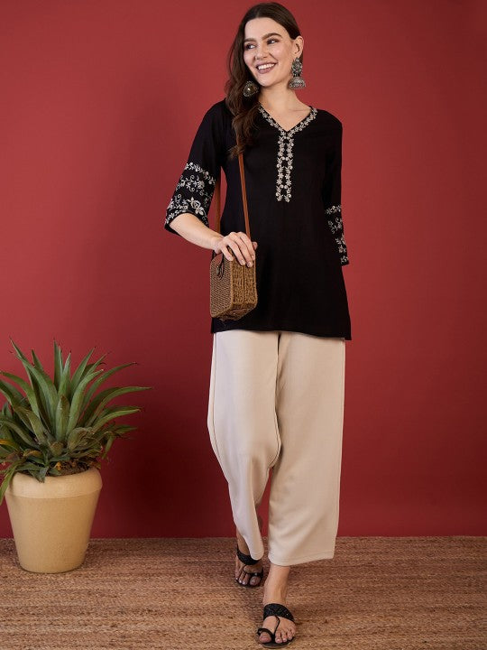 Black Embroidered Short Kurti with 3/4th Sleeves