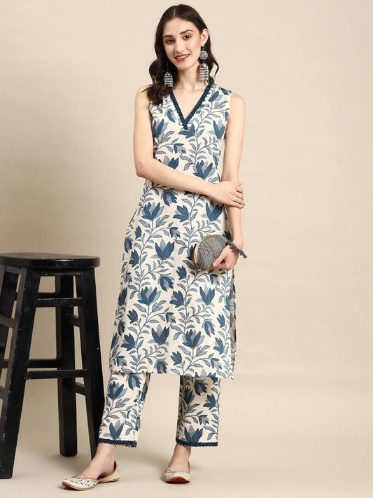 Blue Floral Sleeveless Kurti Set