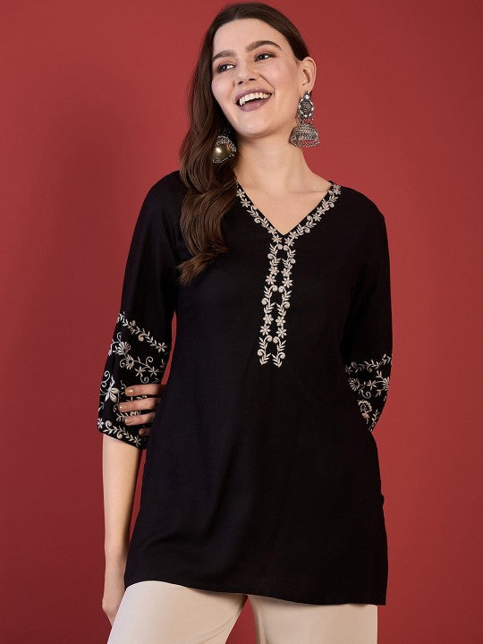 Black Embroidered Short Kurti with 3/4th Sleeves