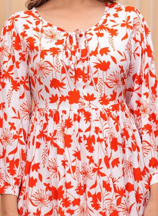 Chic Orange & White Floral Rayon Tunic Top – Breezy Elegance for Everyday Style
