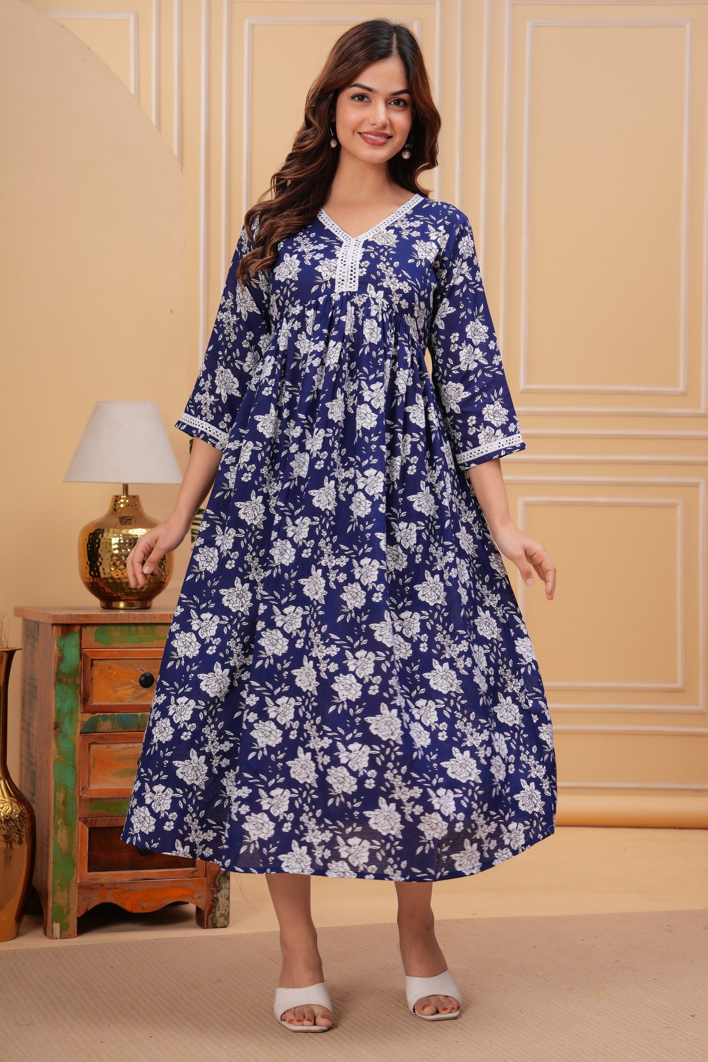 Women Printed Pure Cotton Blue Flared Kurta