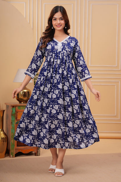 Women Printed Pure Cotton Blue Flared Kurta