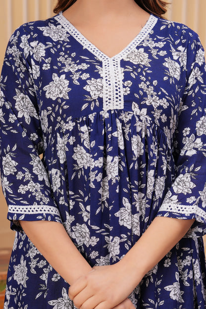 Women Printed Pure Cotton Blue Flared Kurta