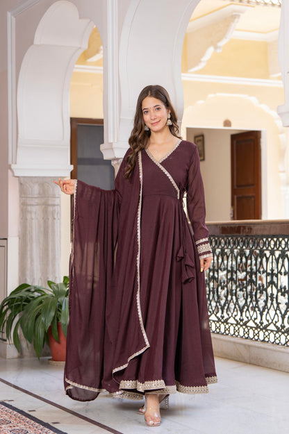 Bellnow Royal Maroon Anarkali Gown with Embellished Dupatta And Pant