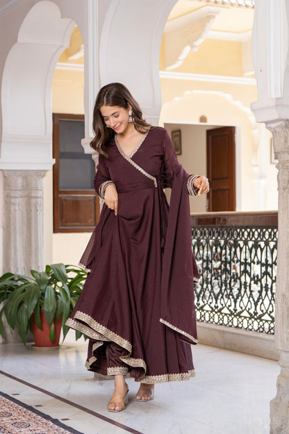 Bellnow Royal Maroon Anarkali Gown with Embellished Dupatta And Pant