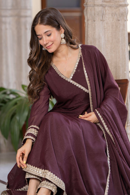 Bellnow Royal Maroon Anarkali Gown with Embellished Dupatta And Pant