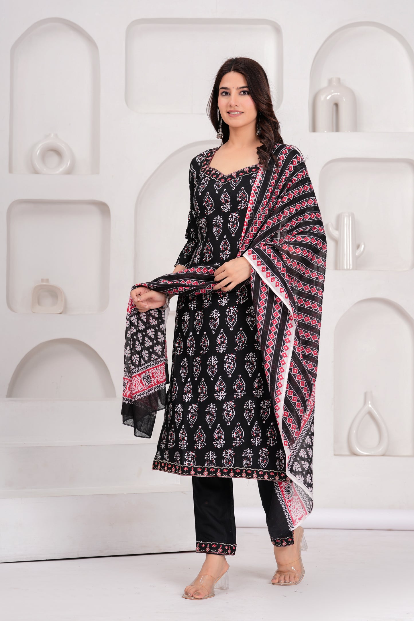 Black & Red Printed Kurta Set with Dupatta – Elegant Ethnic Wear