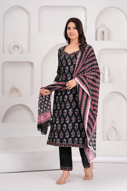Black & Red Printed Kurta Set with Dupatta – Elegant Ethnic Wear