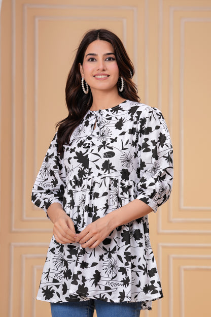 Chic Black & White Floral Rayon Tunic Top – Breezy Elegance for Everyday Style