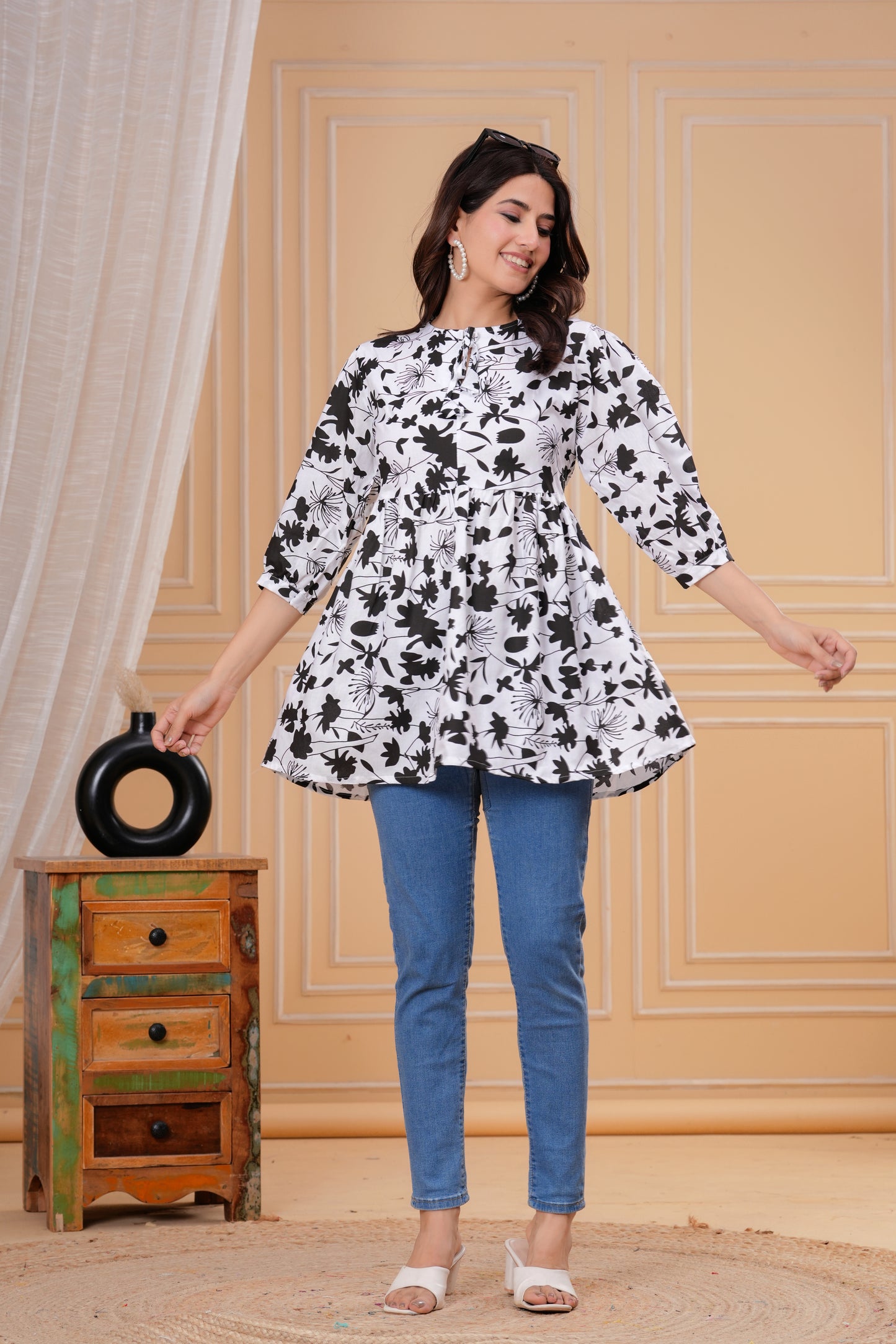 Chic Black & White Floral Rayon Tunic Top – Breezy Elegance for Everyday Style