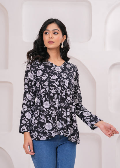 Bellnow Black Floral Printed Flared Top for Women