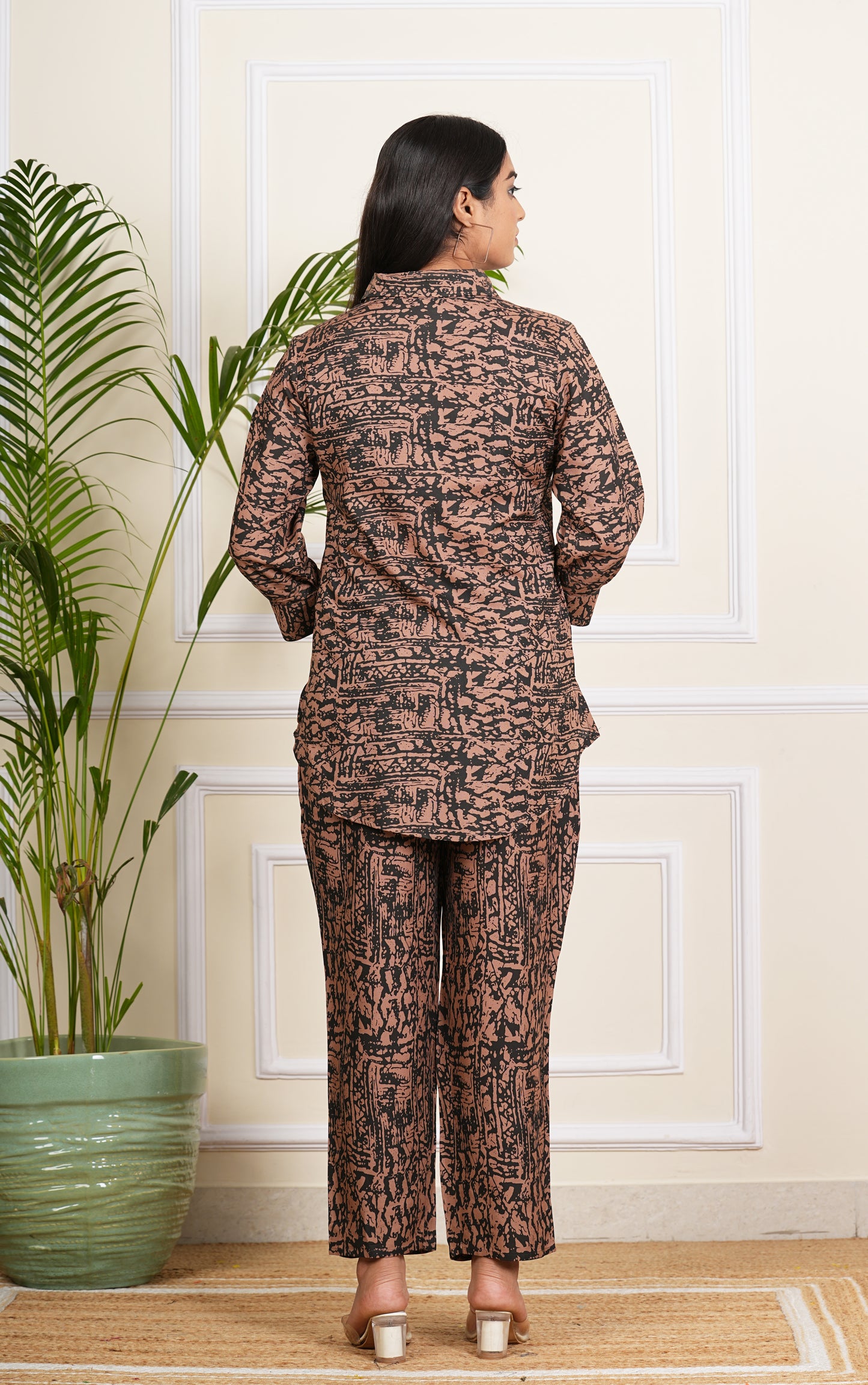 Modern Abstract Print Brown And Black Co-Ord Set for Effortless Elegance