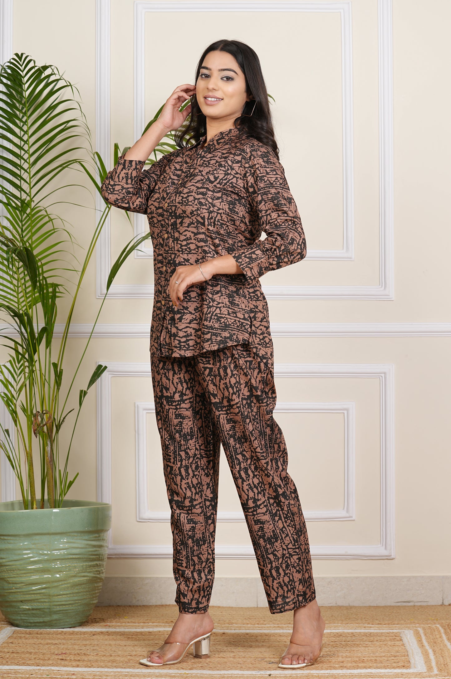 Modern Abstract Print Brown And Black Co-Ord Set for Effortless Elegance