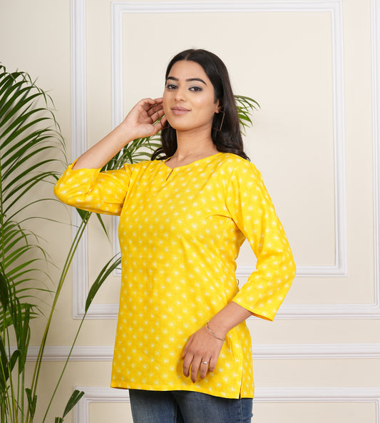 Women's Trending rayon Printed Yellow Short Kurta