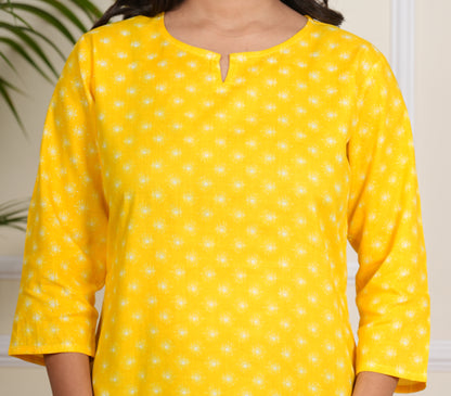 Women's Trending rayon Printed Yellow Short Kurta