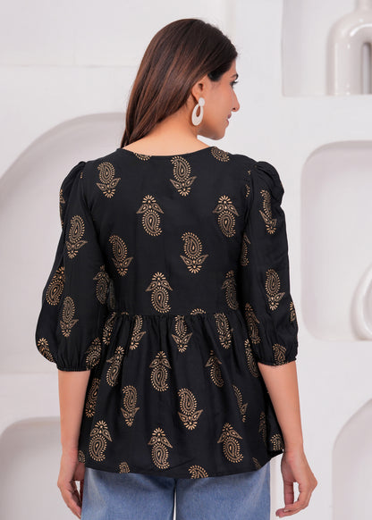 Elegant Black Floral Printed Cotton Kurti with Puff Sleeves