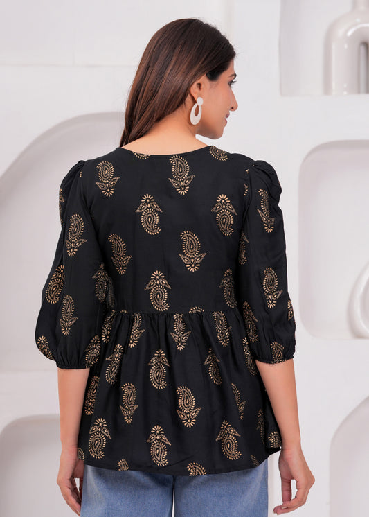 Elegant Black Floral Printed Cotton Kurti with Puff Sleeves
