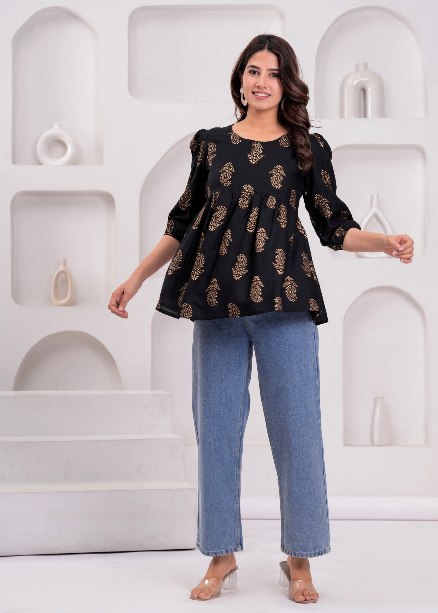 Elegant Black Floral Printed Cotton Kurti with Puff Sleeves