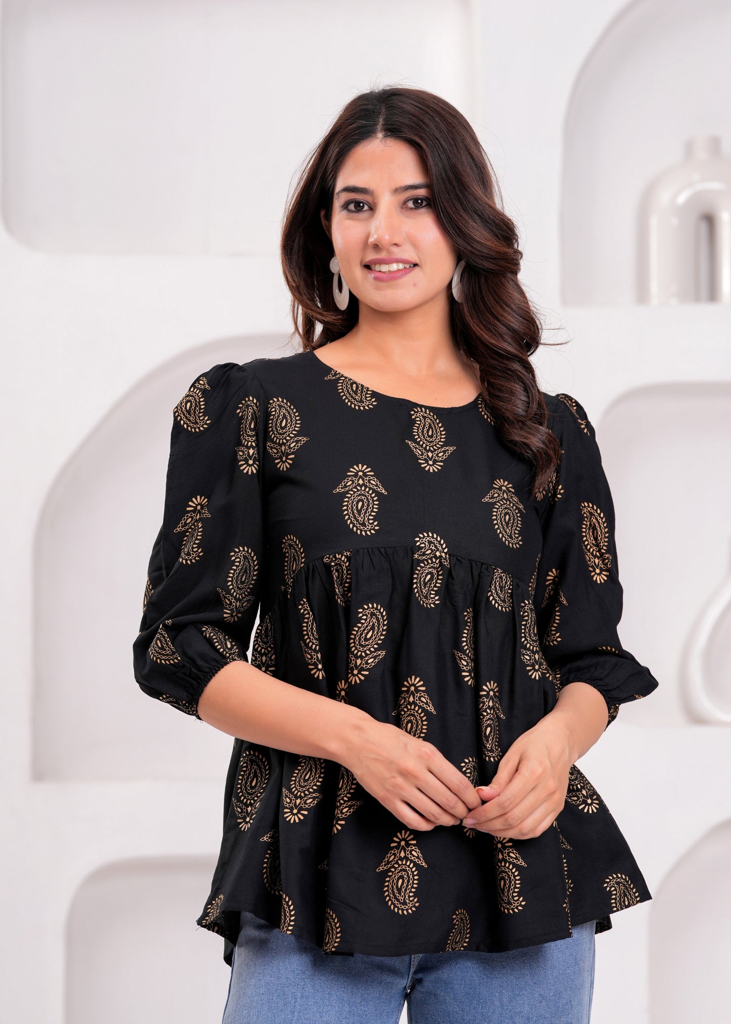 Elegant Black Floral Printed Cotton Kurti with Puff Sleeves