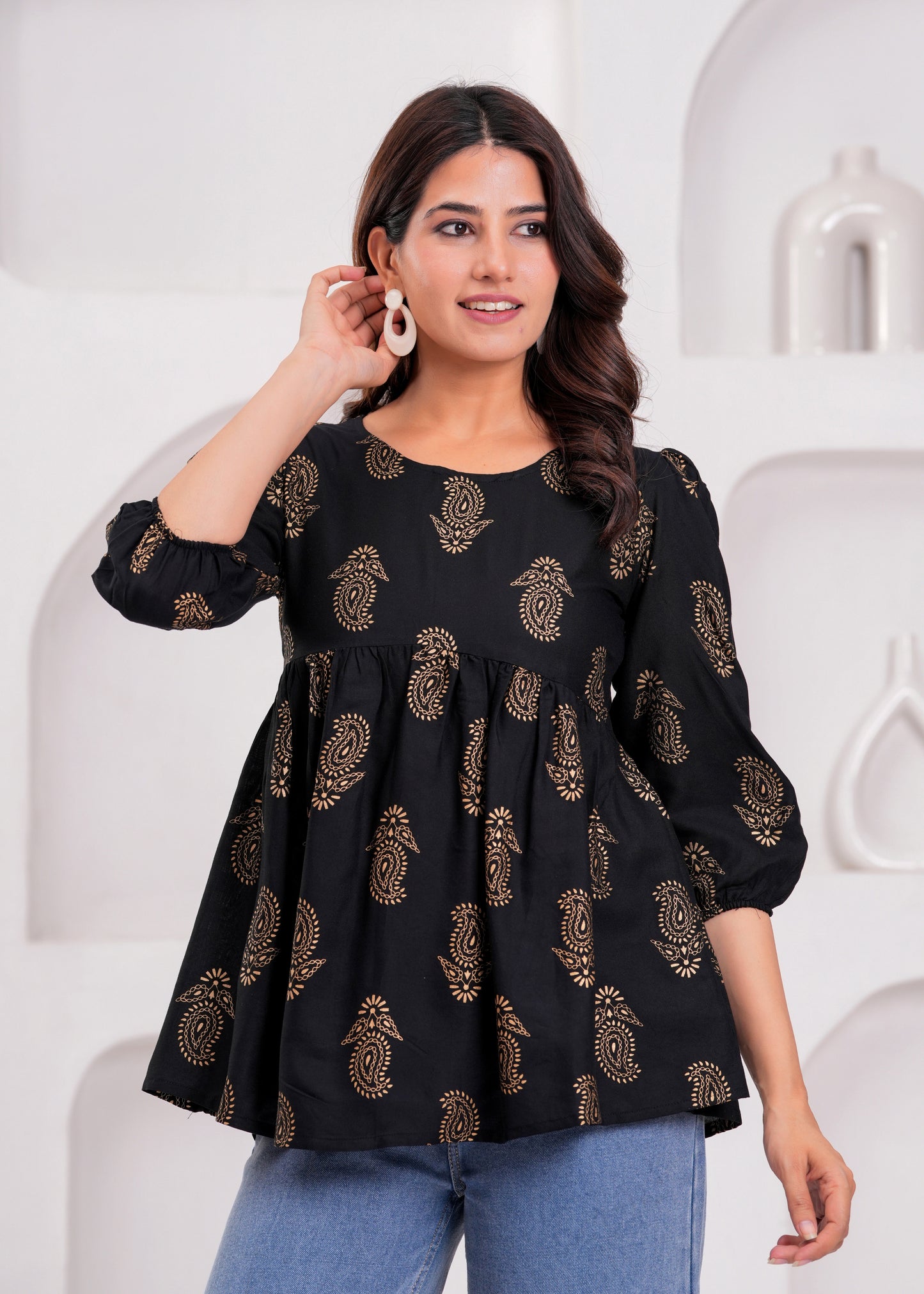 Elegant Black Floral Printed Cotton Kurti with Puff Sleeves