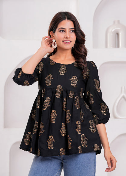 Elegant Black Floral Printed Cotton Kurti with Puff Sleeves