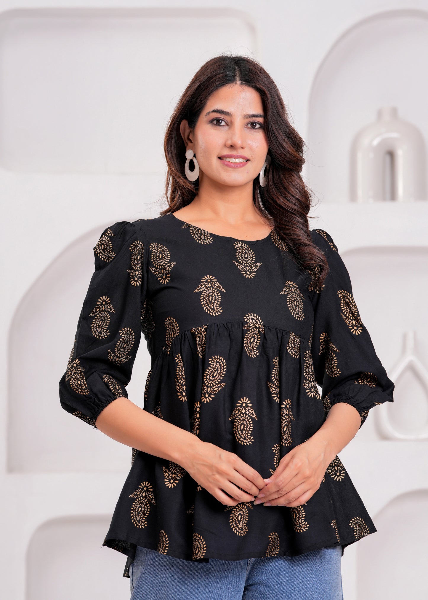 Elegant Black Floral Printed Cotton Kurti with Puff Sleeves