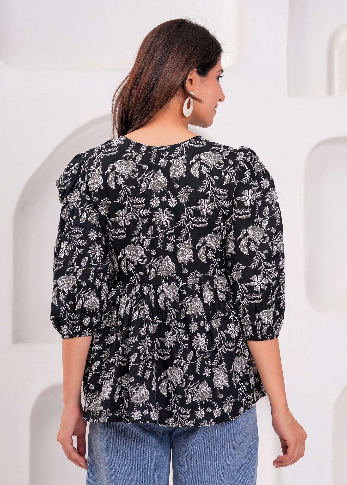 Elegant Black Floral Printed Cotton Kurti with Puff Sleeves