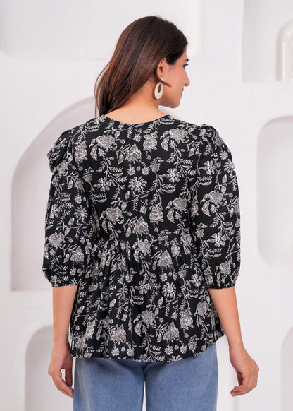 Elegant Black Floral Printed Cotton Kurti with Puff Sleeves