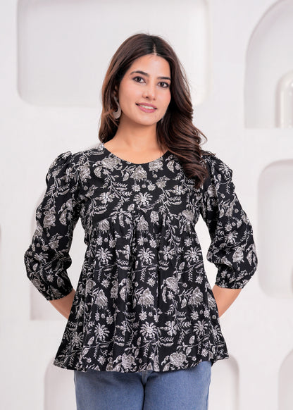 Elegant Black Floral Printed Cotton Kurti with Puff Sleeves