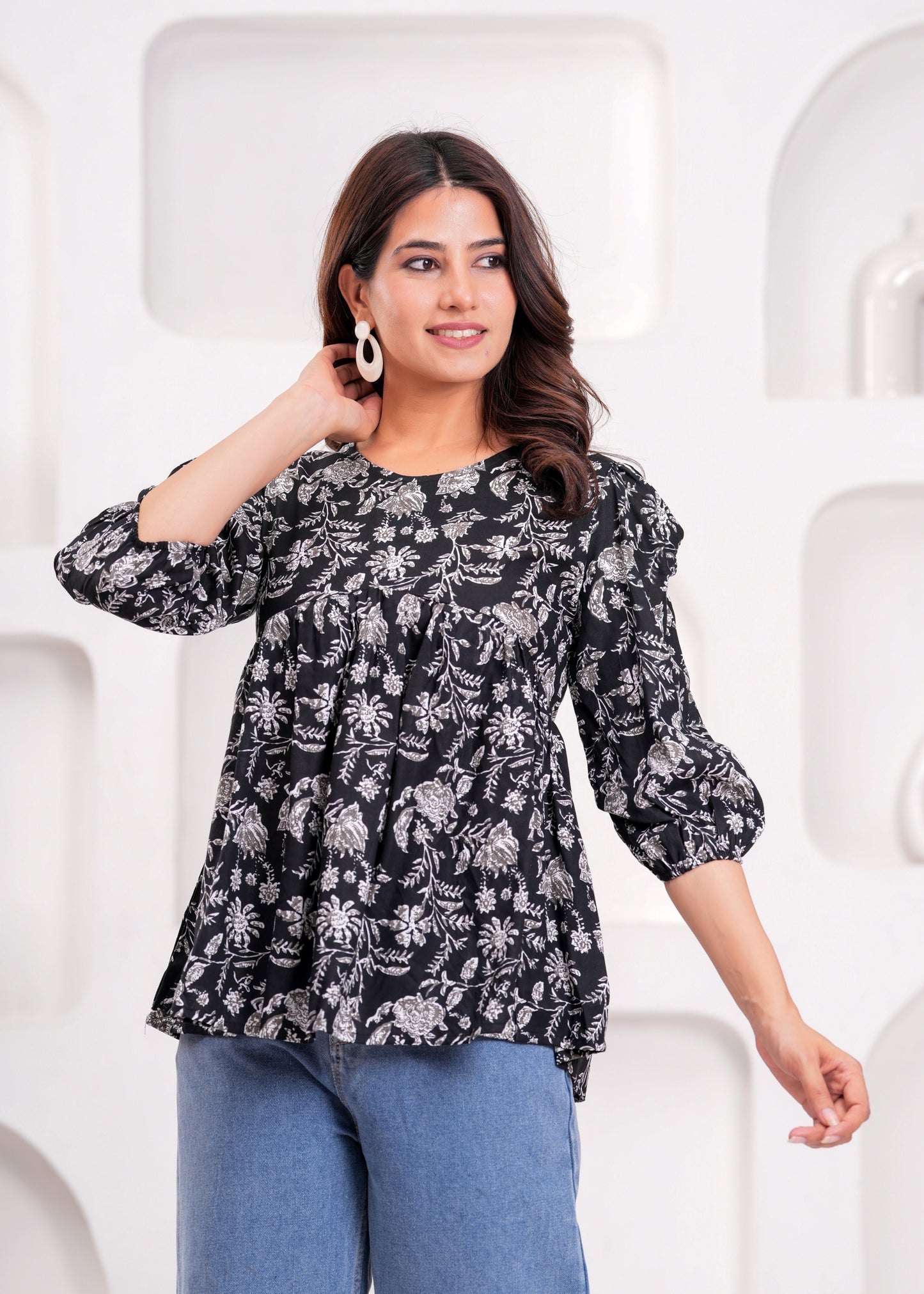 Elegant Black Floral Printed Cotton Kurti with Puff Sleeves