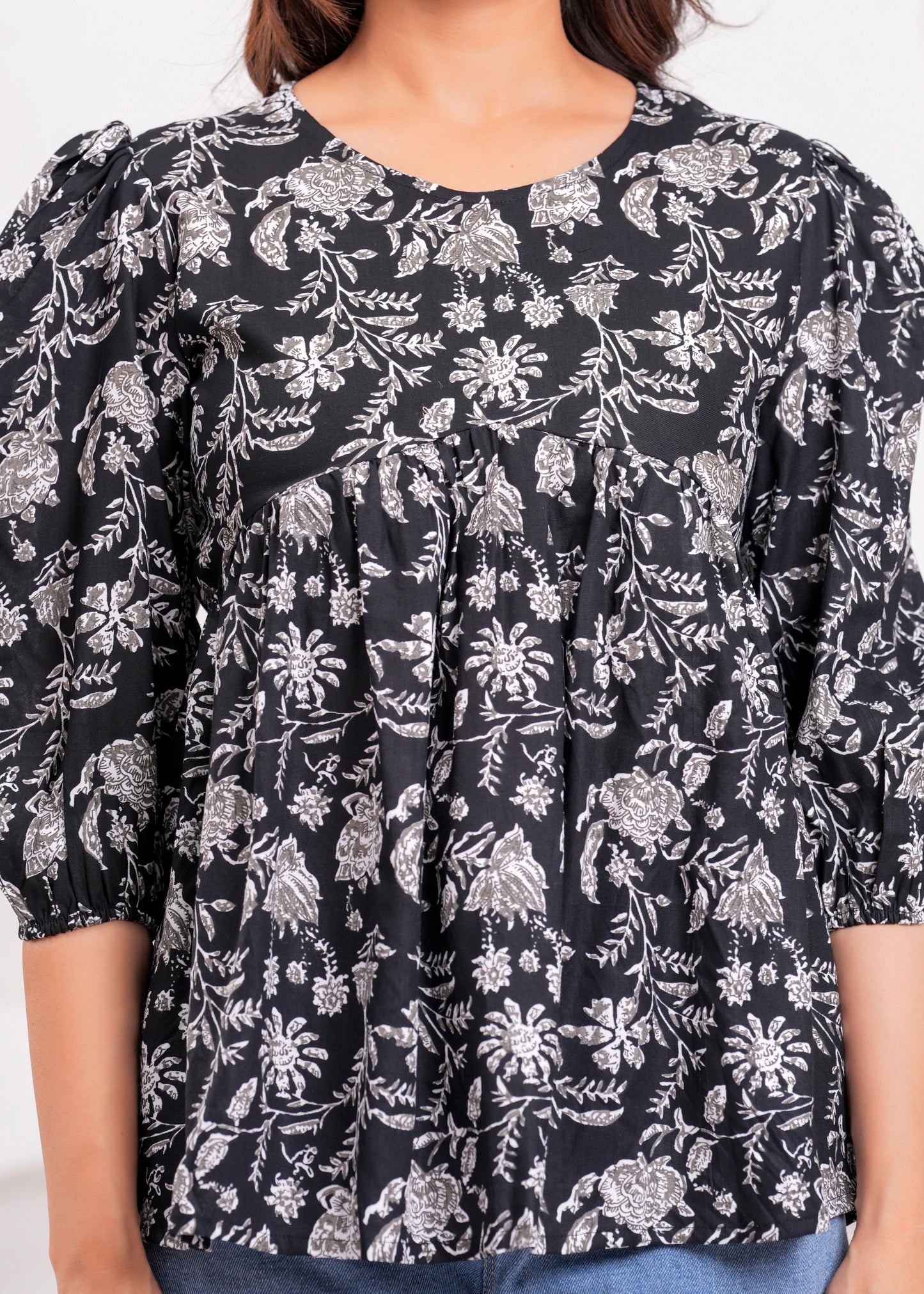 Elegant Black Floral Printed Cotton Kurti with Puff Sleeves