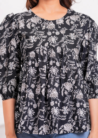 Elegant Black Floral Printed Cotton Kurti with Puff Sleeves