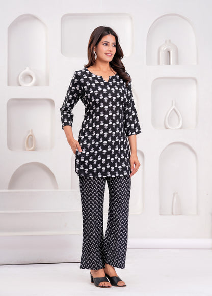 Bellnow - Chic Black & White Floral Co-ord Set