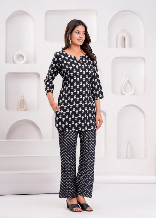 Bellnow - Chic Black & White Floral Co-ord Set