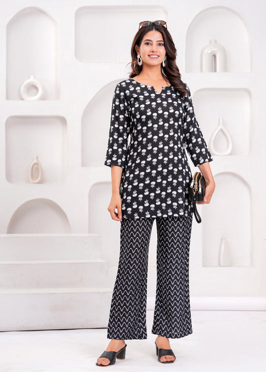 Bellnow - Chic Black & White Floral Co-ord Set