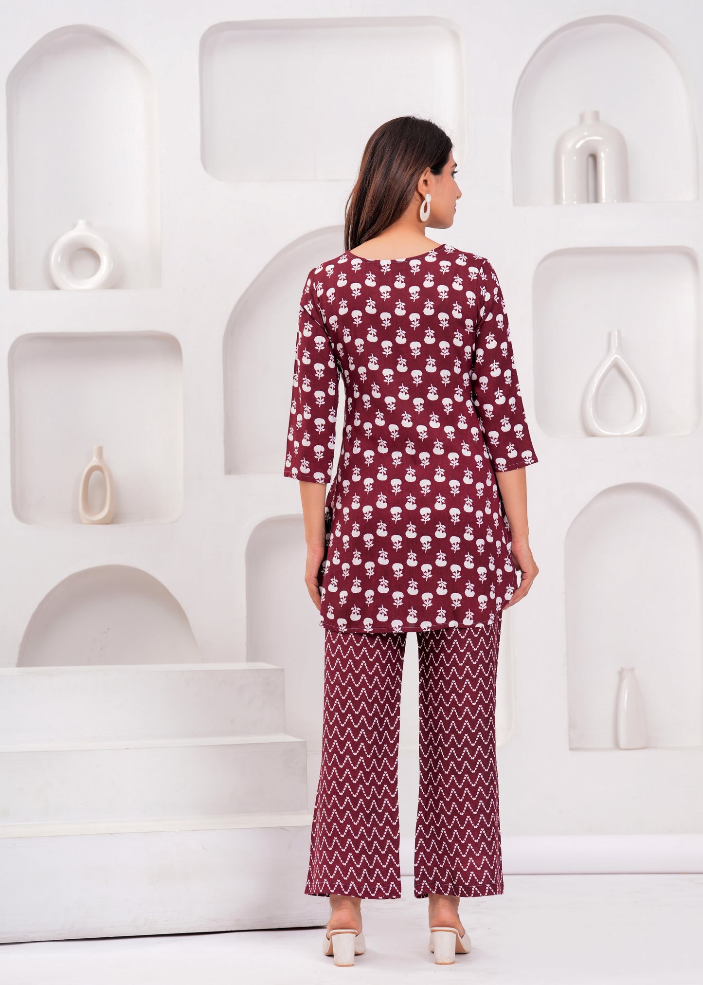 Bellnow Maroon Blossom Cotton Co-Ord Set with Zig-Zag Print Pants