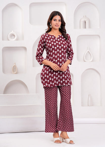 Bellnow Maroon Blossom Cotton Co-Ord Set with Zig-Zag Print Pants