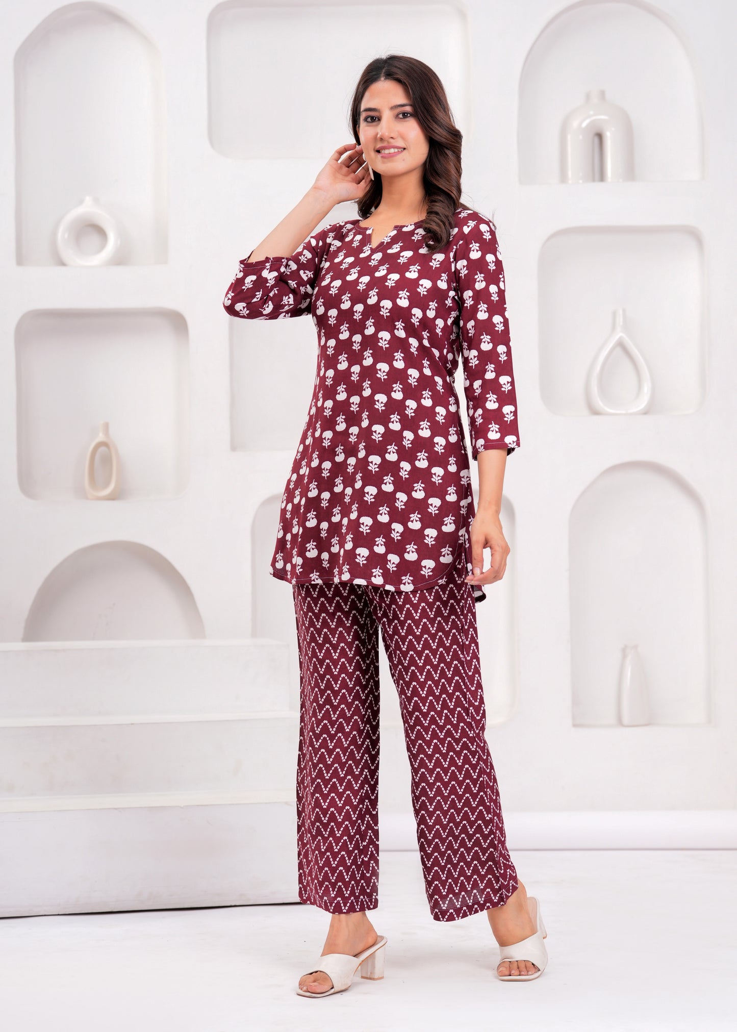 Bellnow Maroon Blossom Cotton Co-Ord Set with Zig-Zag Print Pants