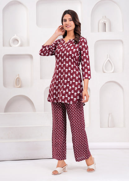 Bellnow Maroon Blossom Cotton Co-Ord Set with Zig-Zag Print Pants