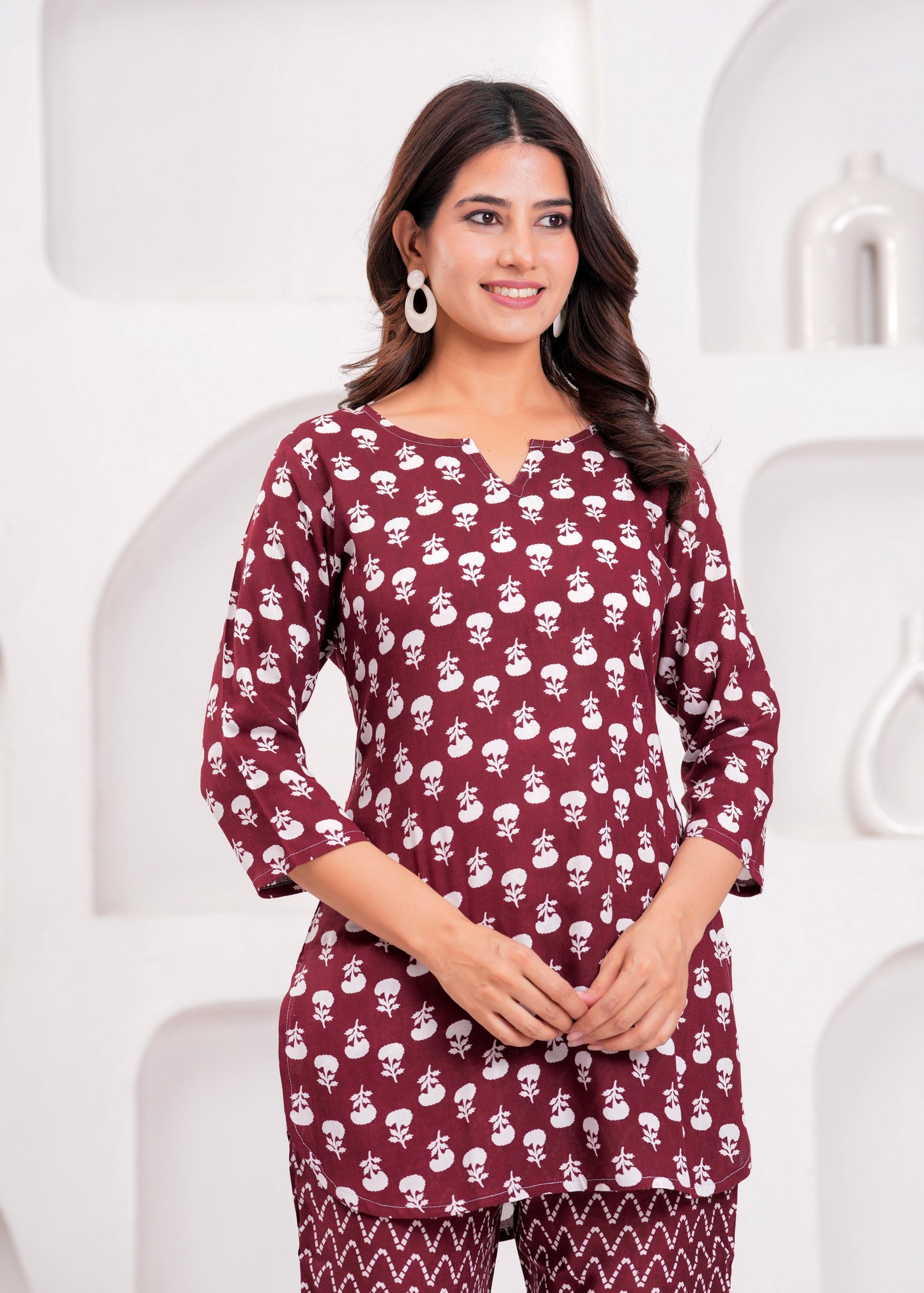 Bellnow Maroon Blossom Cotton Co-Ord Set with Zig-Zag Print Pants