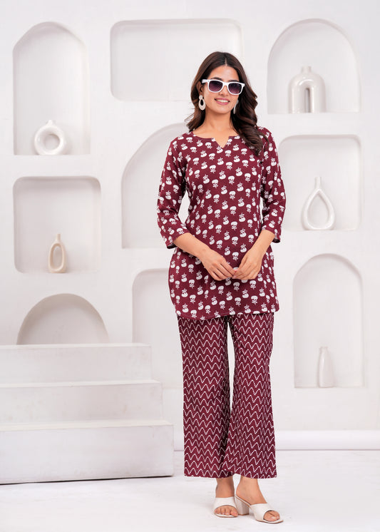 Bellnow Maroon Blossom Cotton Co-Ord Set with Zig-Zag Print Pants