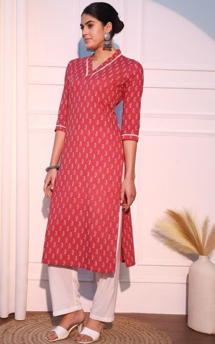 Elegant Dark Peach Printed Straight Long Kurta