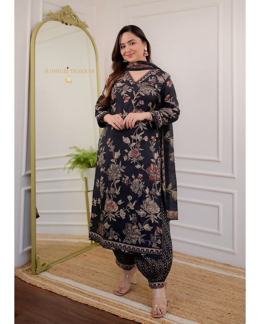 Stylish Black Embroidery Kurta Pant With Dupatta Set