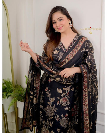 Stylish Black Embroidery Kurta Pant With Dupatta Set