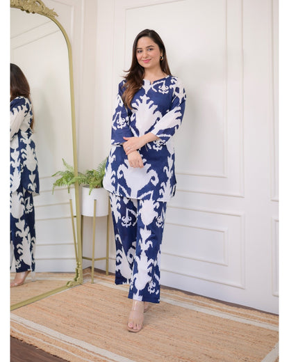 Bellnow Blue Ikat Printed Co-ord Set