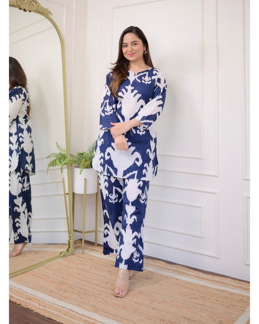 Bellnow Blue Ikat Printed Co-ord Set