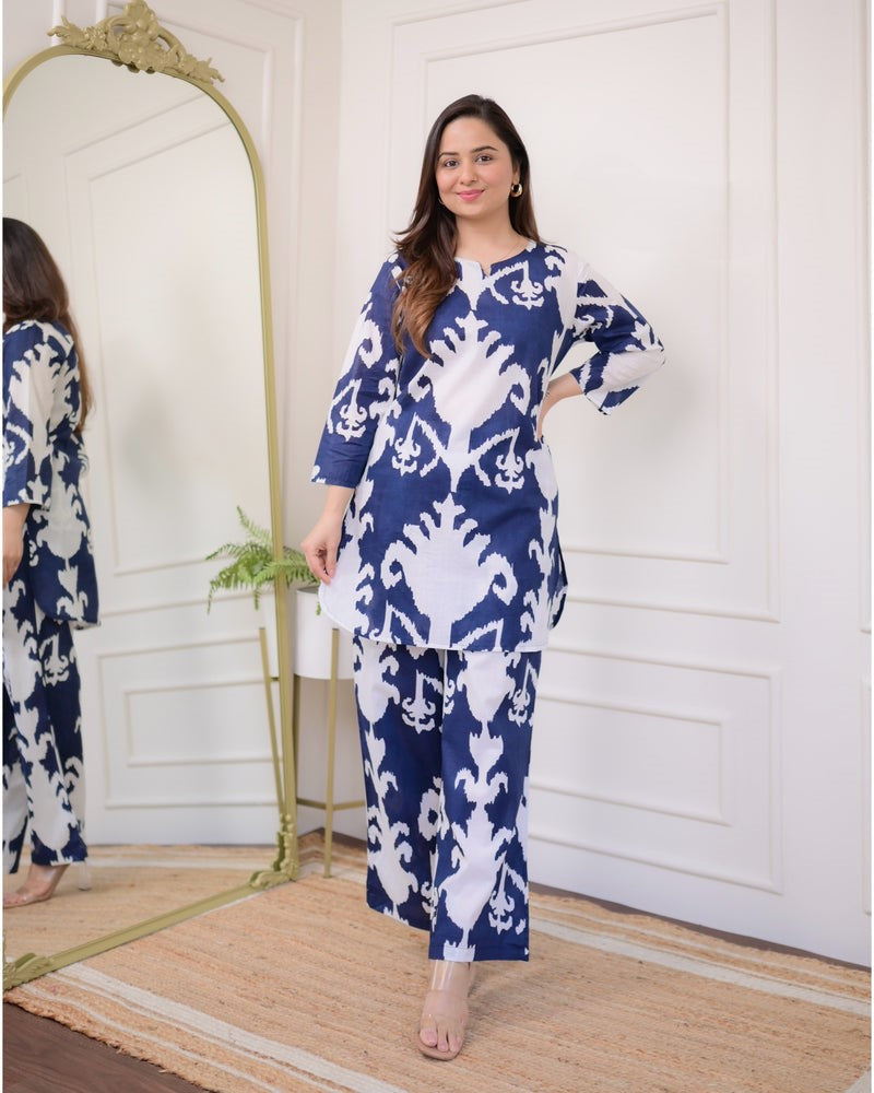 Bellnow Blue Ikat Printed Co-ord Set