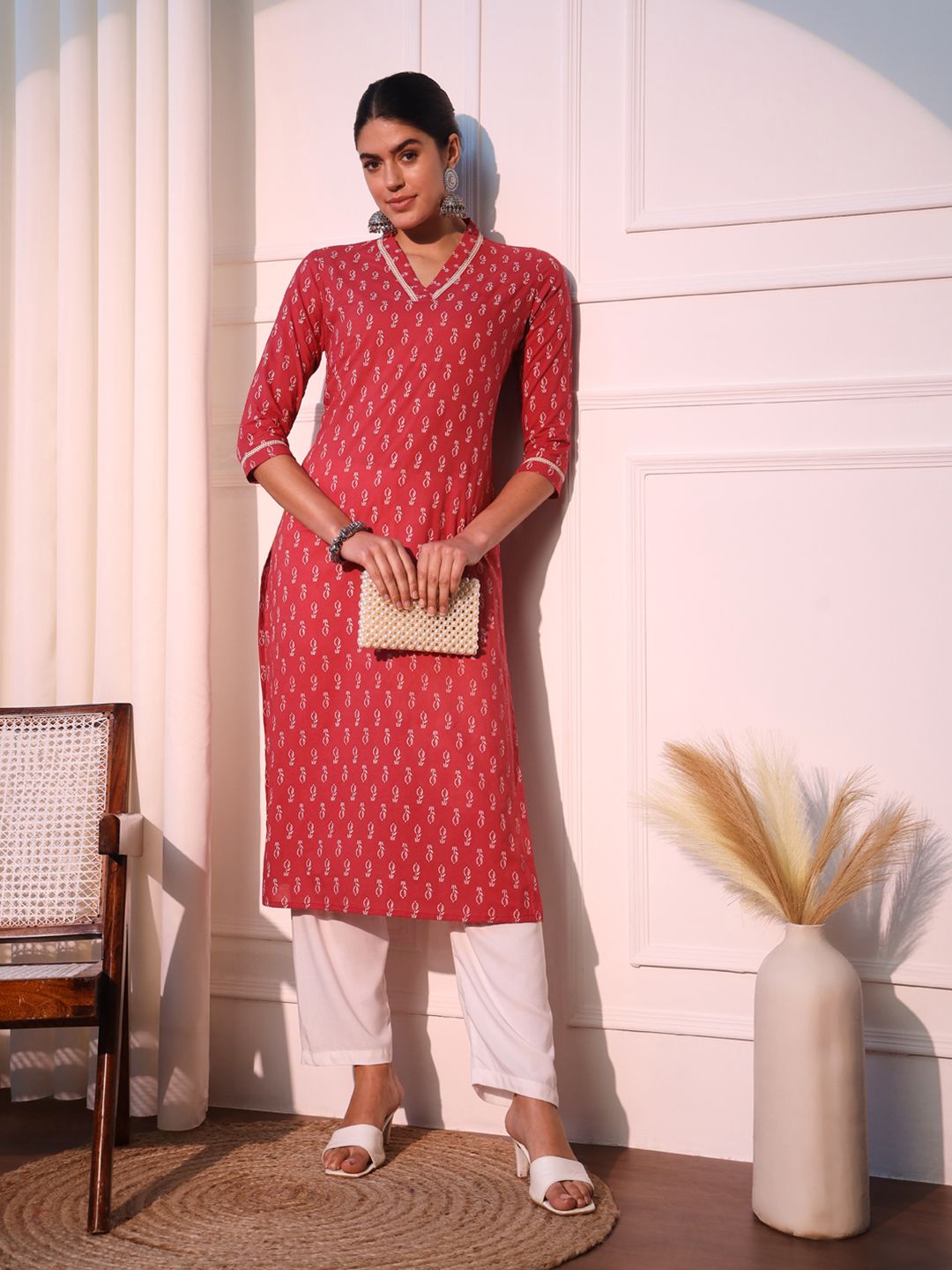 Elegant Dark Peach Printed Straight Long Kurta