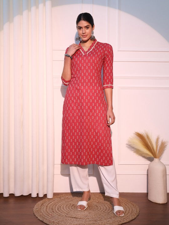 Elegant Dark Peach Printed Straight Long Kurta