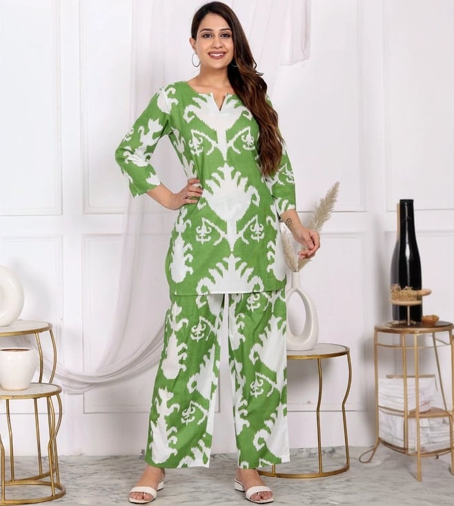 Bellnow Ethnic Ikat Co-ord Set in Fresh Green & White